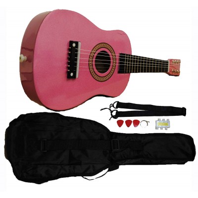 Mini Kids Acoustic Toy Guitar Kit Gig Bag + Picks + Strap + Tuner - Glitter Pink   